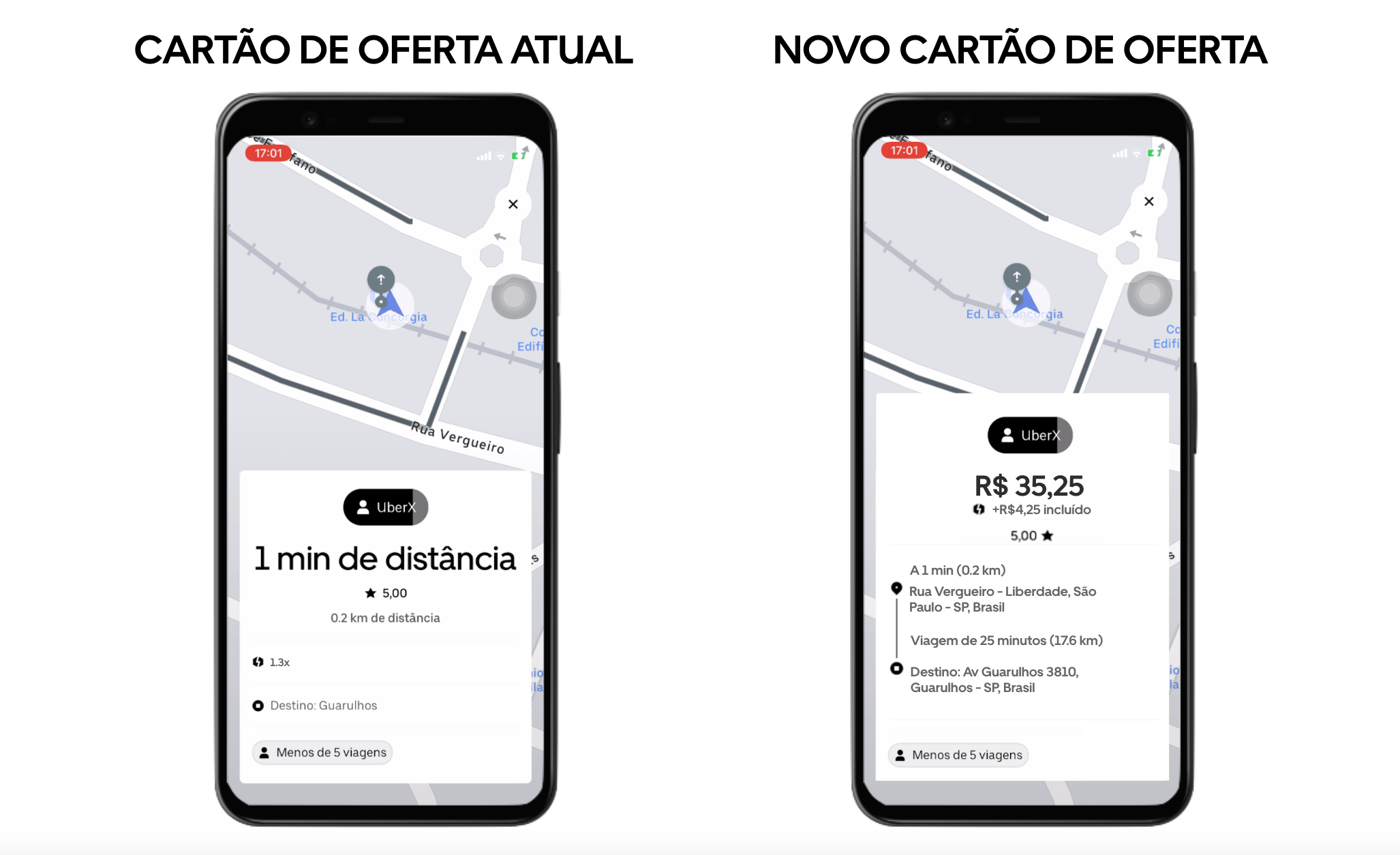 Dois prints do aplicativo da Uber para motoristas, mostrando o antes e o depois do cartão de oferta.