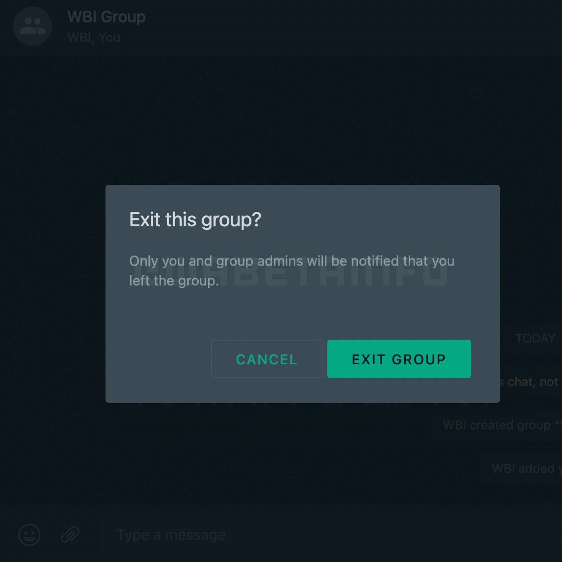 Print de um popup do WhatsApp, com a seguinte mensagem (em inglês): “Sair deste grupo? Somente você e os administradores do grupo serão notificados de que você deixou o grupo.” E dois botões, “Cancelar” e “Sair do grupo”.